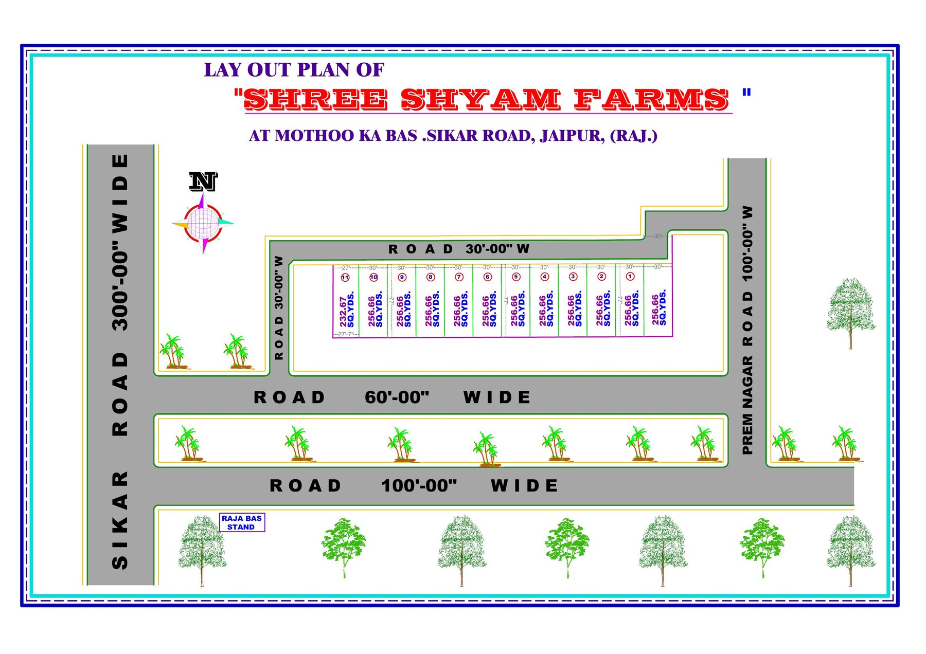 Layout plan of Shree Shyam Farms at Mothoo Ka Bas, Sikar Road, Jaipur, showing 11 numbered plots between Sikar Road, Prem Nagar Road and internal 30ft/60ft roads